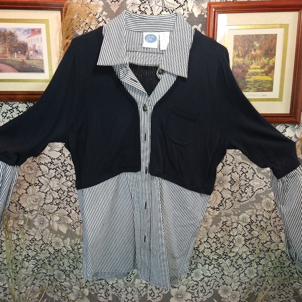 Diane Gilman black blouse with black and white stripes faux crop buttons down